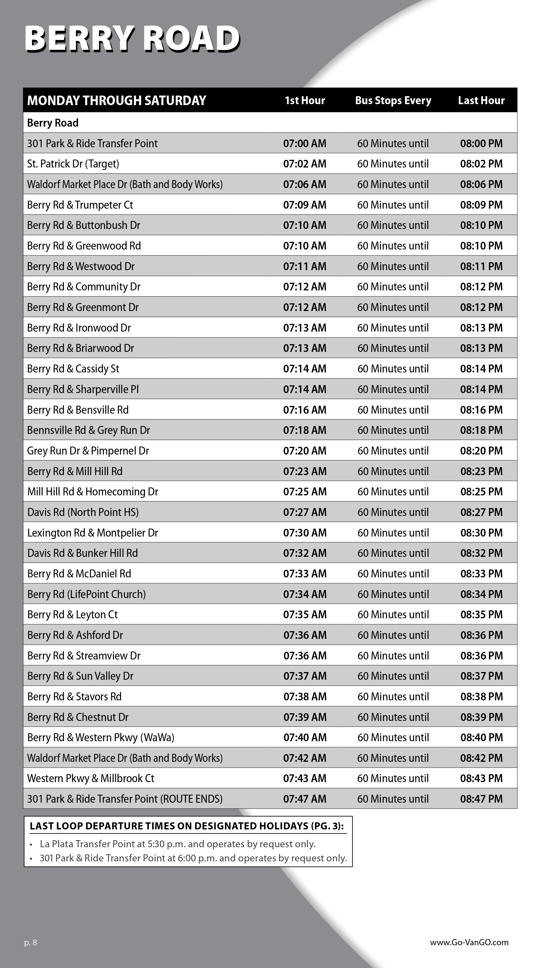 Berry Road Schedule