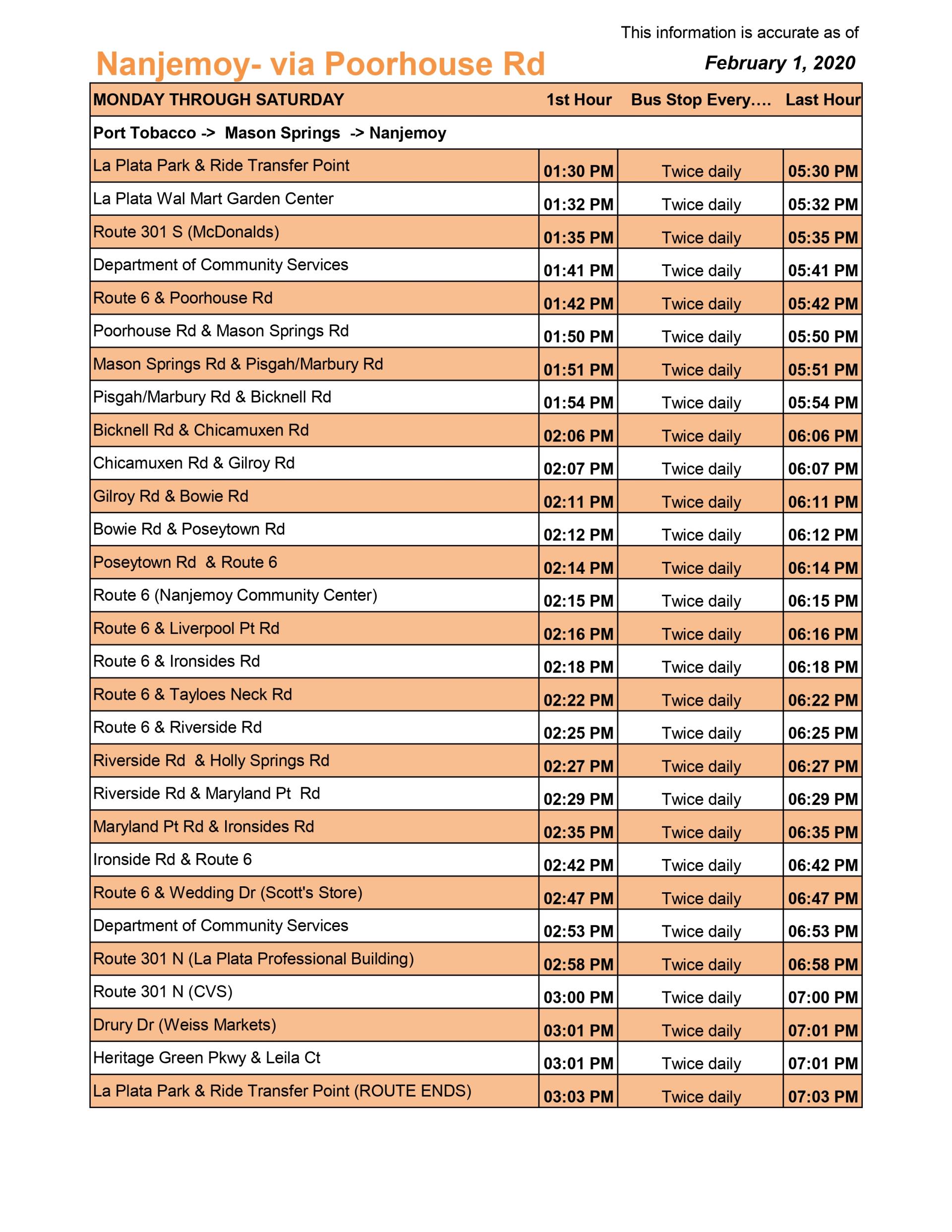 Nanjemoy via Poorhouse Schedule 