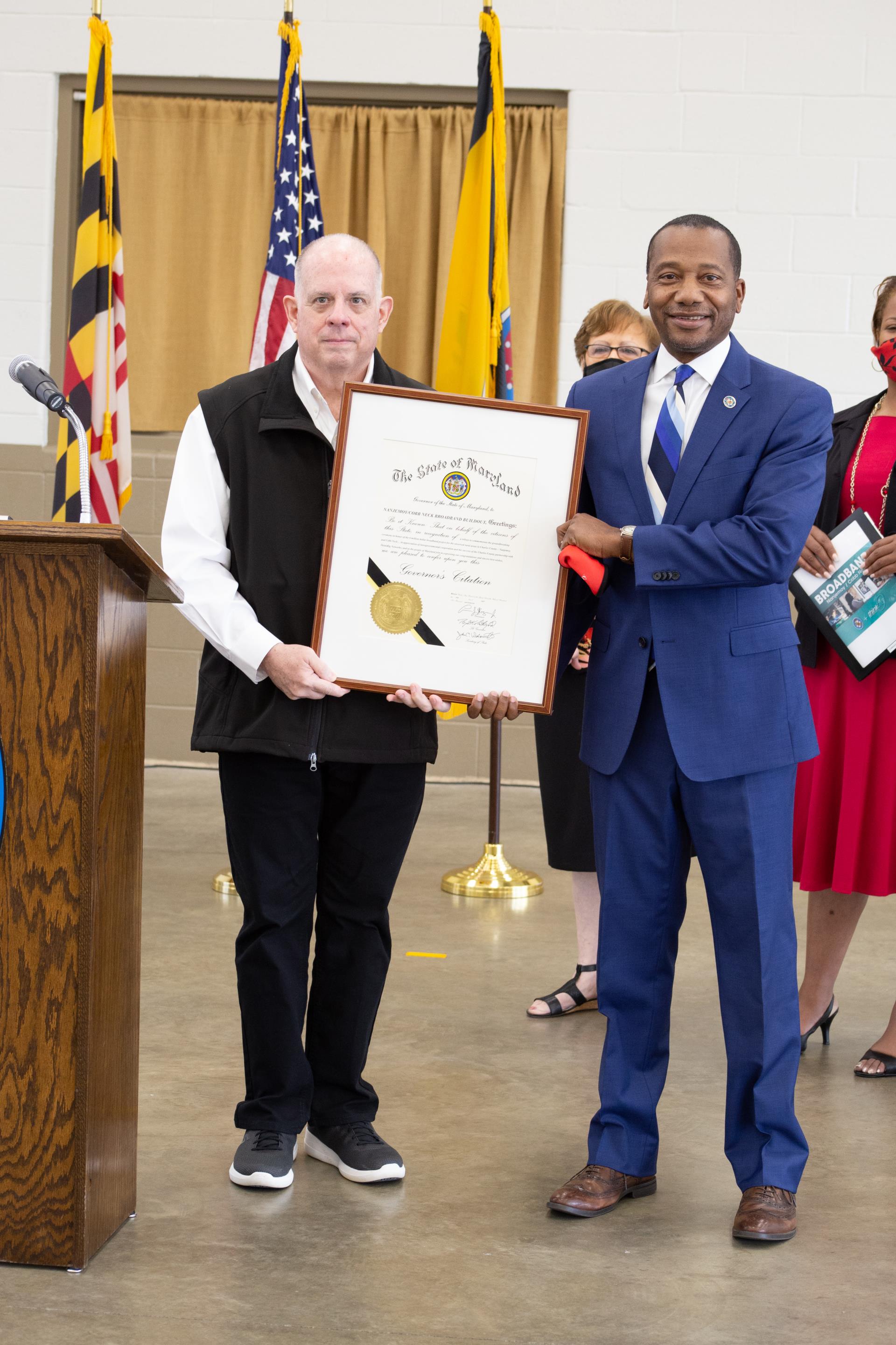 Governor Larry Hogan presented Commissioner President Reuben Collins with a citation to commemorate the event